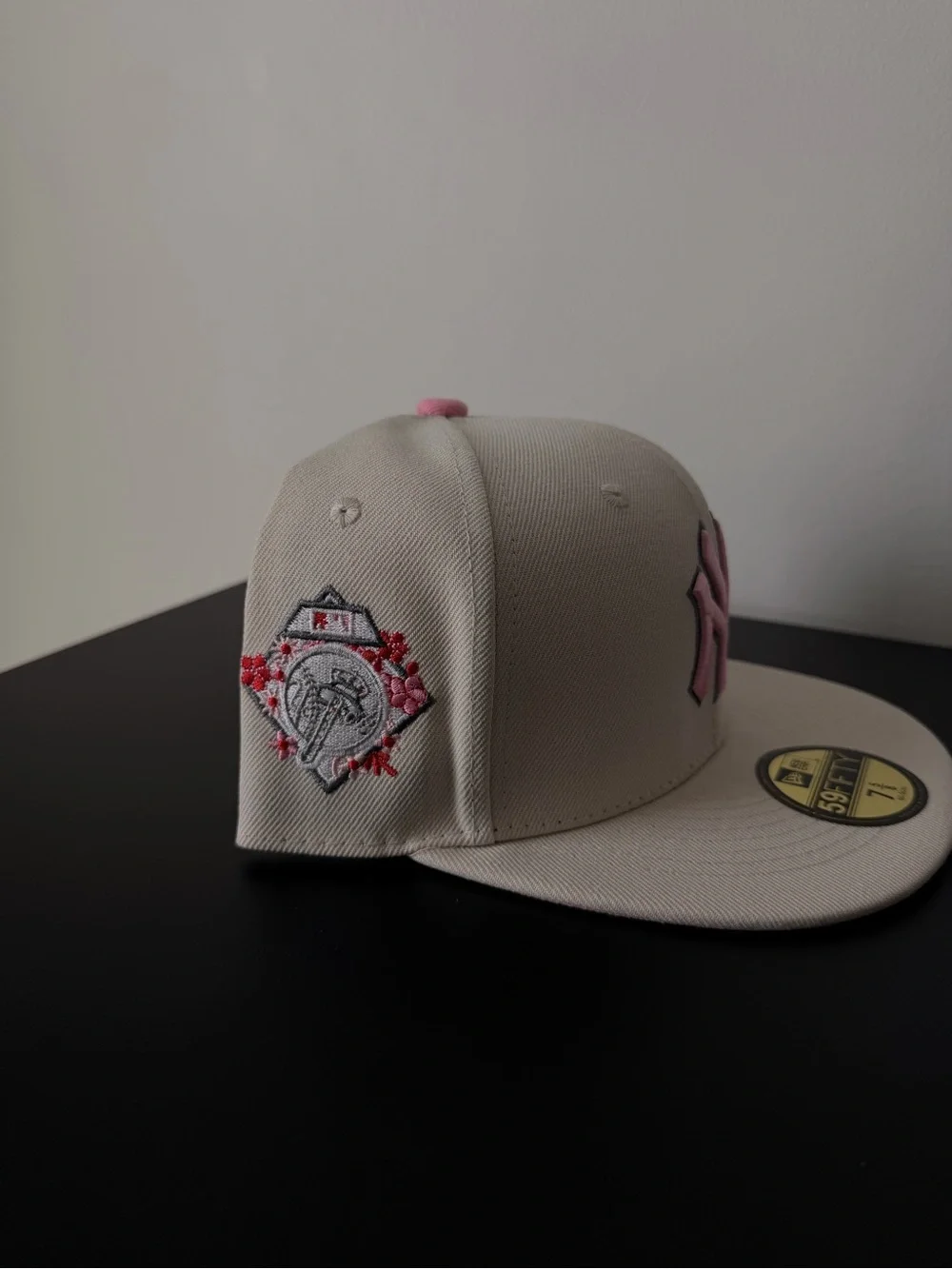 New Era Beige Fitted Cap with Pink NY Logo